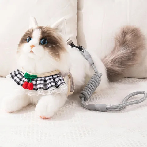 Cute Plaid Lace Pet Harness And Leash Set With Cherry Decor Escape Proof Adjustable Breathable For Cats And Small Dogs