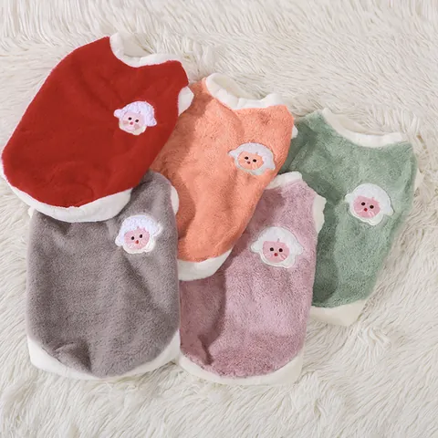 Pet Cat Dog Winter Warm Plush Vest Thickened Faux Rabbit Fur Two-Legged Vest Soft Coral Velvet Fleece Pet Clothing With Cartoon Lamb Patch For Small Animals