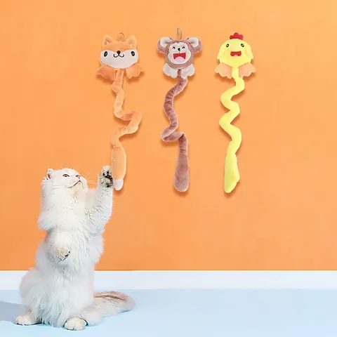Plush Cat Toy Cartoon Animal Crinkle Paper Interactive Kitten Teaser Spring Spiral Tail Embroidered Soft Chew Toy For Indoor Cats