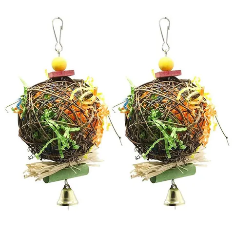 Natuurlijk Rotan Bal Papegaai Kauwspeelgoed Vogel Foerageerspeelgoed Gekleurde Papiersnippers Houten Kralen Bel Vogelkooi Accessoires