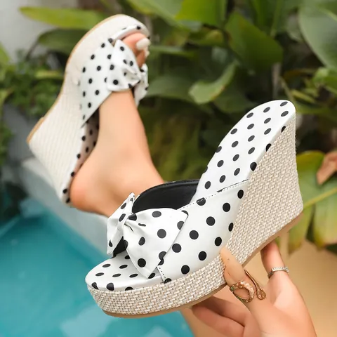 Women Polka Dot Bowknot Wedge Slippers Peep Toe Platform Summer Beach Sandals Ladylike Lightweight Non-slip Fashion Slides