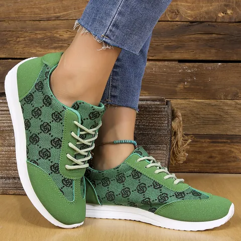 Women Retro Green Floral Monogram Sneakers Lightweight Breathable PU Fabric Patchwork Soft Sole Casual German Army Trainers
