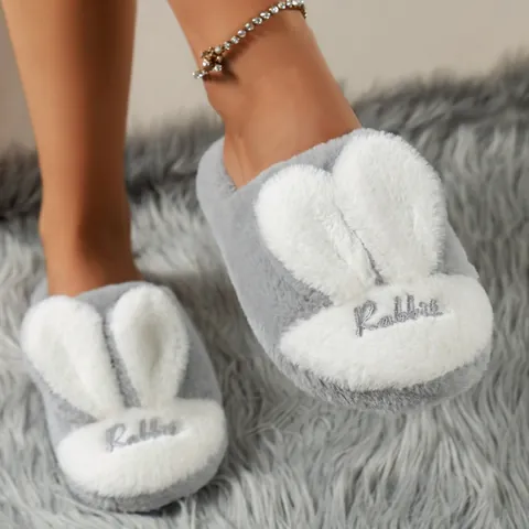 Women Korean Style Rabbit Head Plush Cotton Slippers Autumn Winter Warm Furry Indoor Flat Home Shoes Couple Bunny Slippers