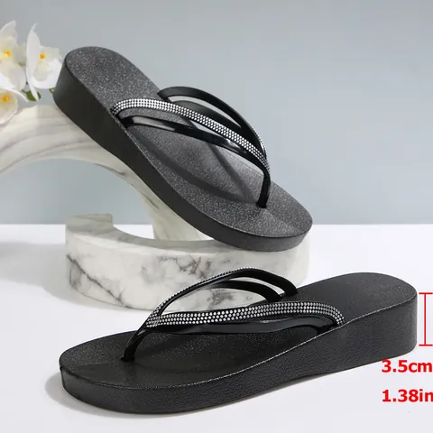 Mode Damen Strass Keil Flip-Flops Rutschfeste Plateau Zehentrenner Sandalen Sommer Outdoor Strand Schuhe Höhenvergrößerung Hausschuhe