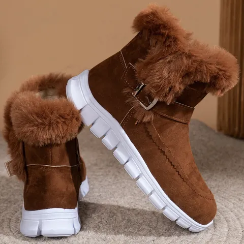 Women's Autumn Winter Warm Snow Boots Faux Fur Trimmed Flat Short Boots With Side Zipper Casual Fashion Winter Cotton Shoes