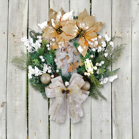 Lighted Christmas Wreath With Golden Oil Lamp Nativity Scene Poinsettia Berries Bow Decoration For Front Door Window