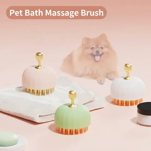 Silicone Pet Bath Massage Brush For Dogs Cats Soft Bristles Grooming Cleaning Tool With Ergonomic Golden Electroplated Handle
