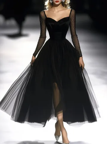 Elegant French Retro Black Mesh Maxi Dress Square Neck Long Sleeve Puff Tulle Evening Party Dress For Women