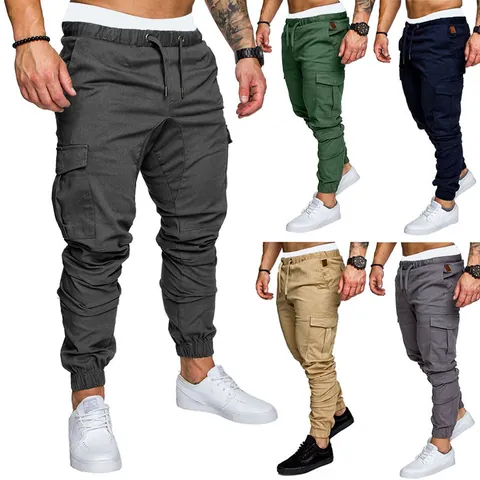 EHCM Men Multi Pocket Cargo Pants Autumn Winter Casual Outdoor Fitness Joggers Drawstring Cuffed Cotton Bottoms For Men