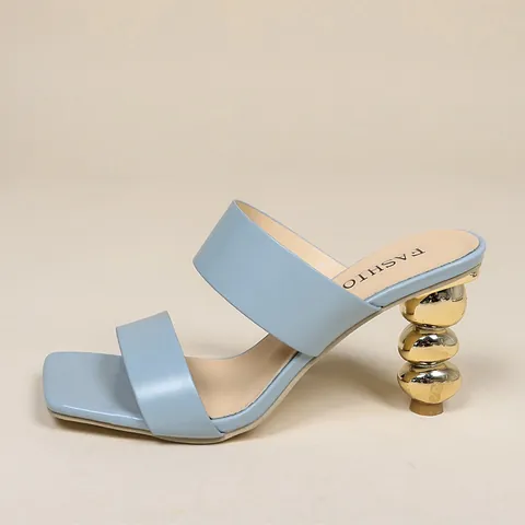 Women High Heel Mules Unique Metallic Bead Heel Fashion Square Toe Single Strap Plush Sandals Summer Slip On Dress Shoes