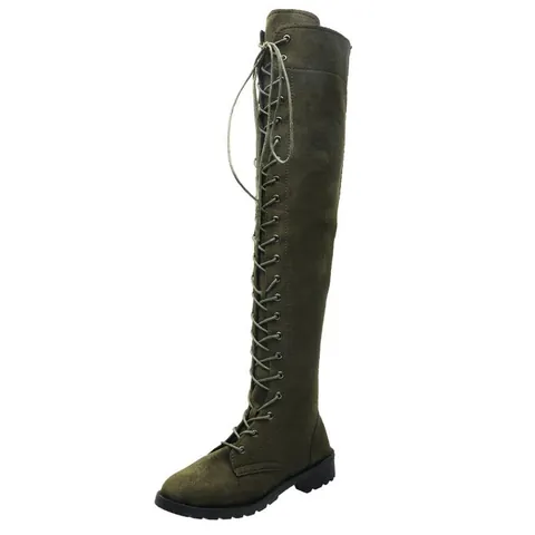 Women Faux Suede Over The Knee Boots Front Lace Up Side Zipper Round Toe Flat Slim Fit Thigh High Winter Boots For Women