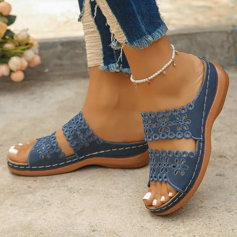 Women Hollow Out Floral Wedge Sandals Peep Toe Summer Casual Beach Shoes PU Leather Non-Slip Slip On Comfortable Slides