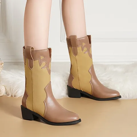 Vintage Women Western Cowboy Ankle Boots Chunky Heel Patchwork Pointed Toe PU Leather Embroidered Stitching Winter Boots