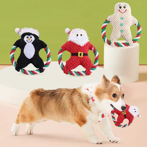 Christmas Plush Dog Squeaky Toy Interactive Cotton Rope Molar Toy Santa Penguin Gingerbread Man For Small Medium Dogs Gift
