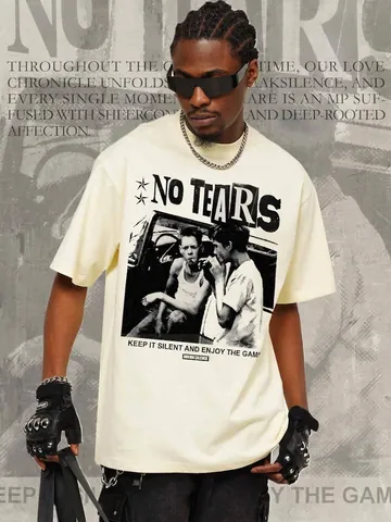 Ανδρικό T-Shirt από Βαρύ Βαμβάκι Αμερικάνικο Vintage Ρετρό Τυπωμένο Πορτρέτο Φαρδιά Γραμμή Στρογγυλή Λαιμόκοψη Tee