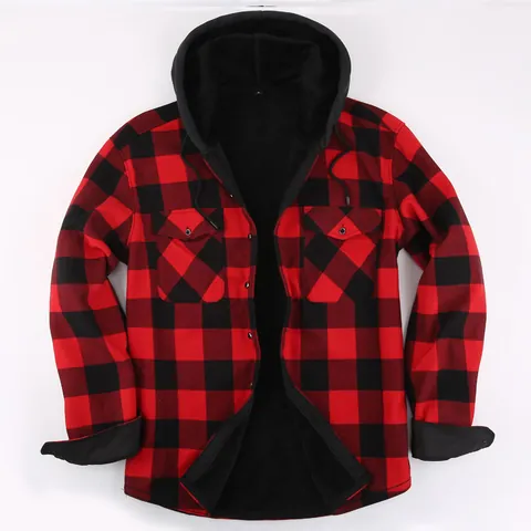 Chemise à Capuche Doublée en Molleton pour Hommes Haut à Carreaux Veste en Flanelle Manches Longues Chaud Hiver Décontracté