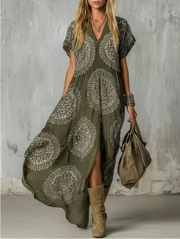 Damen Retro Ethnisch Westlicher Stil Olivgrün Weiß Blumenmuster V-Ausschnitt Kurzarm Midi Maxi Kleid Bohemian Urlaub Kleid