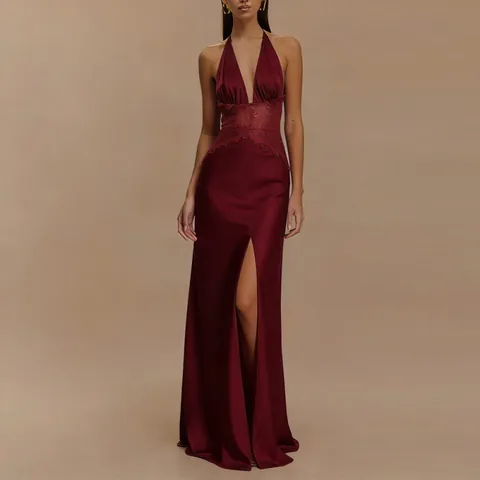 Vrouwen Sexy Diepe V-Hals Rugloos Kant Splicing Satijn Maxi Jurk Elegant Hoge Split Party Avondjurk Mouwloos