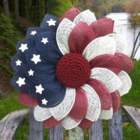 Independence Day Burlap Flower Wreath Patriotic American Flag Door Wreath With Stars Red White Blue Hanging Decoration For Home Party Decor