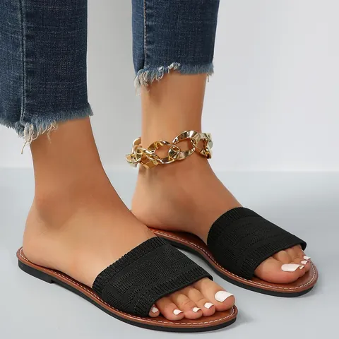 Women Round Toe Knit Cloth Slides Summer Casual Flat Outdoor Slippers Contrast Stitching Lightweight Beach Sandals