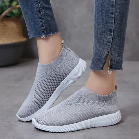Women Breathable Flyknit Sock Sneakers Lightweight Mesh Slip On Walking Shoes Casual Low Cut Flat Footwear