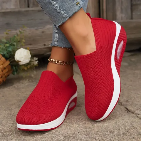 Women Rocker Slip On Sneakers Thick Sole Air Cushion Breathable Fly Knit Mesh Casual Sports Shoes Comfortable Lightweight Walking Shoes