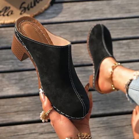 Women Chunky Heel Mules Contrast Stitching Closed Toe High Heel Slippers Retro British Style PU Leather Sandals Summer Shoes