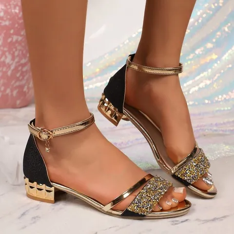 Damen Elegant Strass Ein-Riemen Blockabsatz Sandalen Offene Zehe Knöchelriemen Bankett Hochzeit Schuhe Metallic Kunstleder Kleid Sandalen