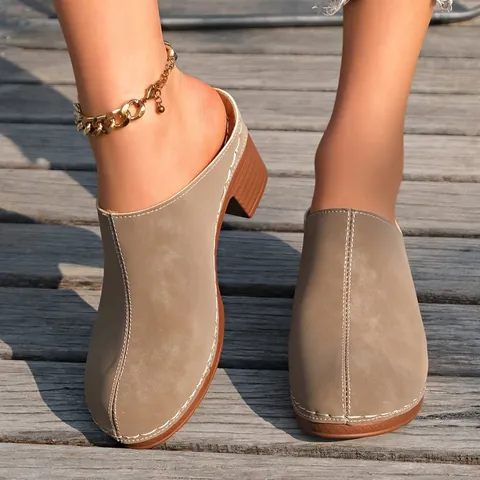 Women Suede Chunky Heel Mules Closed Toe Platform Sandals British Style Contrast Stitching Retro Casual Slip On Clogs