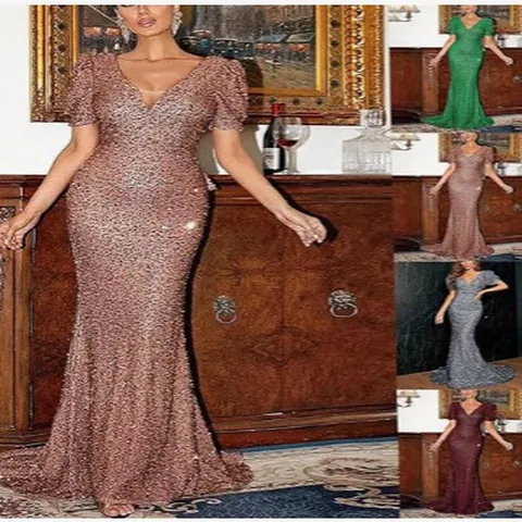 Elegant V-neck Sequin Evening Dress Lantern Sleeve Bodycon Mermaid Maxi Gown For Banquet Party Formal Wedding Women Apparel
