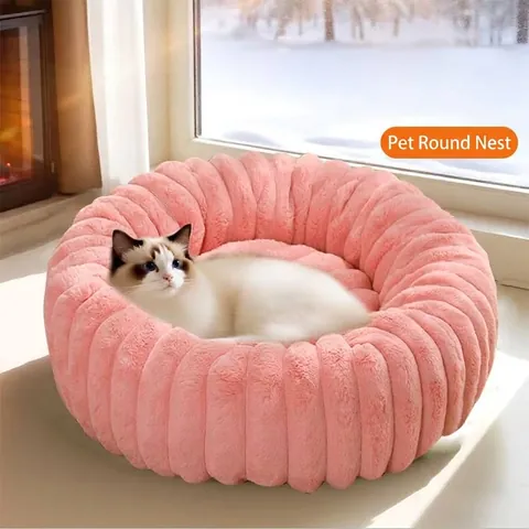 Faux Rabbit Fur Round Pet Bed Calming Donut Cuddler For Cats And Dogs Washable Warm Winter Thickened Plush Shell Texture Nest