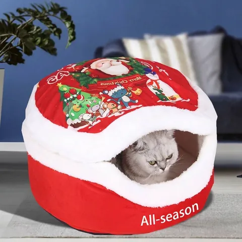 Cuccia per Animali Natalizia a Cartone Animato Nido per Gatti Semichiuso in Morbido Peluche Letto per Cani con Stampa Babbo Natale Lavabile Per Tutte Le Stagioni