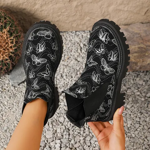 Dames Grote Maat Vlinderprint Martin Boots Herfst Winter Westerse Stijl Chelsea Boots Profielzool Enkellaarzen Schoenen