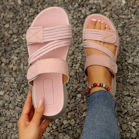 Women Casual Wedge Sandals Summer Thick Sole Beach Slides With Hook And Loop Closure Synthetic Leather Outdoor Comfort Shoes