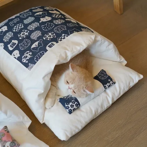 Sacco a Pelo per Animali Domestici Semichiuso Con Cuscino Letto Invernale Caldo in Cotone Morbido per Gatti Cani Nido