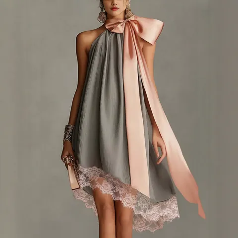 Abito Midi in Poliestere Plissettato da Donna Elegante con Scollo all'Americana Fiocco Rosa Orlo in Pizzo a Contrasto Festa