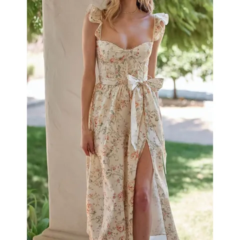 Women Summer Floral Print Maxi Dress Vintage Fishbone Boning Corset Square Neck Ruffle Strap Bow Tie Waist Sexy Slit Party Dress