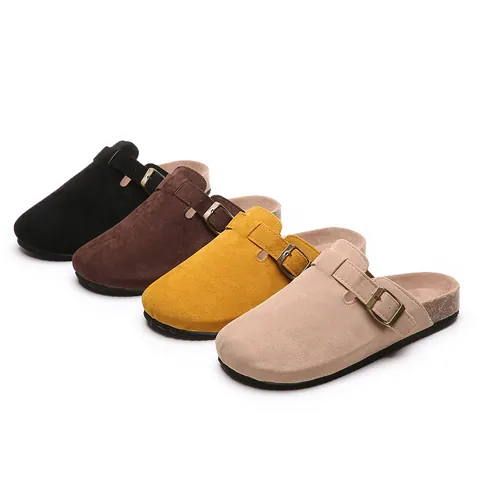 Lässige Pantoletten Aus Wildlederimitat Mit Geschlossener Kappe Für Damen Herren Retro Kork Fußbett Verstellbare Schnalle Rutschfeste Hausschuhe Clogs