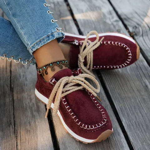 Women Ethnic Suede Loafers Casual Slip-on Shoes Comfortable Soft Sole Flats With Contrast Stitching Rope Laces Moccasins Daily Footwear