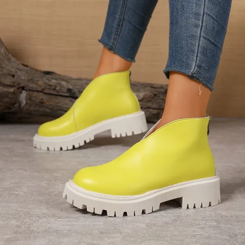 Women Chunky Platform Ankle Boots European Style Round Toe PU Rubber Lug Sole Mid Heel Back Zipper Martin Boots Winter Autumn Fashion