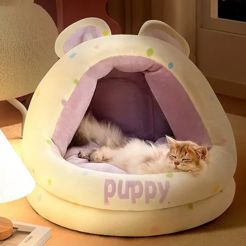 Soft Semi-Enclosed Cat Nest Winter Warm Plush Dog Bed Washable Polka Dot Teddy Bear Ears Pet House With Removable Cushion