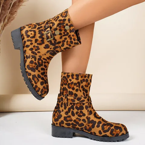 Damen Retro Britischer Stil Wadenhohe Stiefel Modische Leopardenmuster Wildleder Ritterstiefel Lässige Slipper Runde Kappe Mittelhoher Absatz
