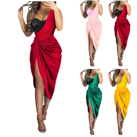 Women One Shoulder Sequined Evening Dress Ruched High Slit Polyester Formal Party Bodycon Midi Dress For Banquet Wedding