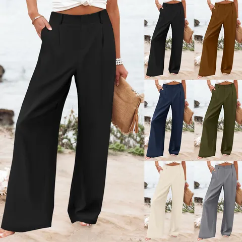 Pantalon Femme Taille Haute Coupe Droite Couleur Unie Large Fluide Pour Vacances Plage Été Décontracté Vêtements Femme