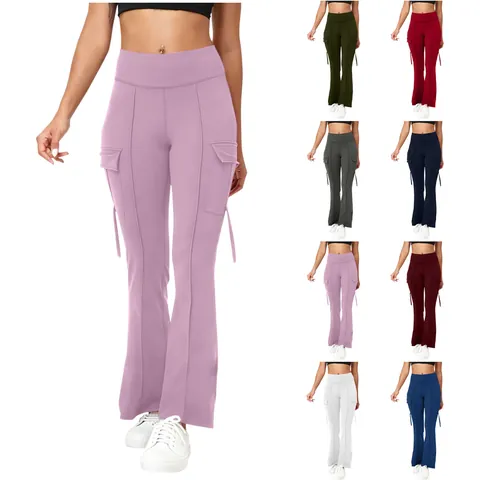 Dames High Waist Cargo Flared Yogabroek Stretch Effen Kleur Bootcut Leggings Met Zakken Mode Sportieve Broek
