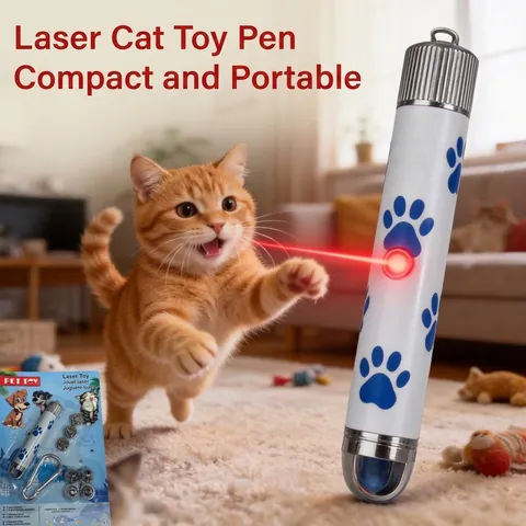 Portable Stainless Steel Pet Laser Pointer Toy With Interchangeable Pattern Heads And Batteries Blue Cat Paw Print Decor Tease Stick