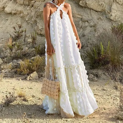 Women Halter Neck 3D Floral Applique Maxi Dress Elegant Tiered Cake Floor Length Organza Vacation Party Beach Long Dress