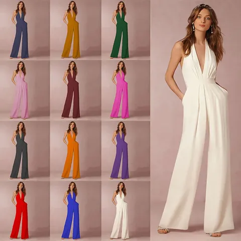 Women's Halter Deep V Neck Wide Leg Long Pants Elegant Jumpsuit Evening Party Solid Color Sleeveless Romper