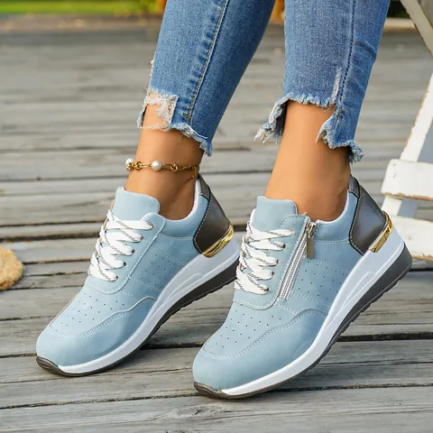 Baskets Compensées pour Femmes Fermeture Éclair Latérale en Suédine Chaussures de Sport Décontractées Bout Rond Lacets Chaussures de Marche à Plateforme Mode