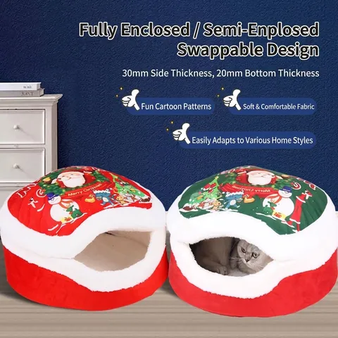 Cuccia per Animali Natalizia a Cartone Animato Nido per Gatti Semichiuso in Morbido Peluche Letto per Cani con Stampa Babbo Natale Lavabile Per Tutte Le Stagioni